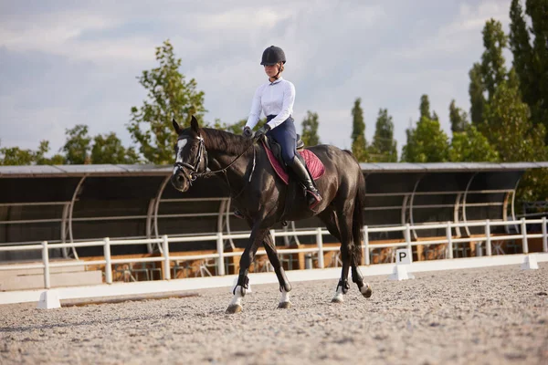 馬術スポーツ 秋の日に乗馬アリーナで10代の女の子 初心者の女性ライダーの訓練の肖像画 馬の衣装 乗馬だ スポーツ 優雅さ アクティブライフスタイルの概念 — ストック写真