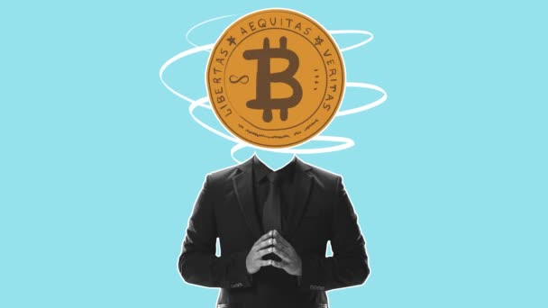 Τιμές Τιμές Μετοχών Και Επιχειρήσεις Άνδρας Μαύρο Κοστούμι Σήμα Bitcoin — Αρχείο Βίντεο