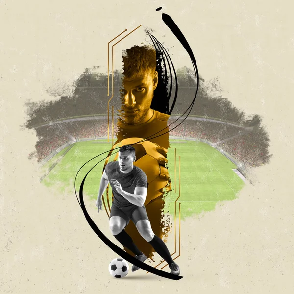海报图形创作 职业男足球员在运动与球在体育场 足球场背景 — 图库照片