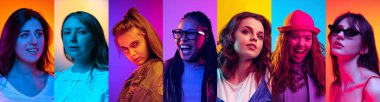 Gençlik, moda, tarz. Genç farklı kızlar, neon renkli arka planda kameraya bakıyor. Kadın portrelerinden yapılmış kolaj. Duygular, eşitlik, tüm ulusların birleşmesi, yaşlar ve çıkarlar