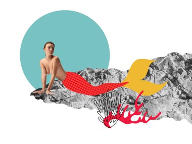 Dinlenme zamanı. Çağdaş sanat kolajı, modern tasarım. Güzel, şehvetli bir kadın, peri kuyruklu bir deniz kızı, soyut bir arka planda. Yaratıcılık, moda, sürrealizm. Deniz teması, yeni vizyon, sanat, ilham