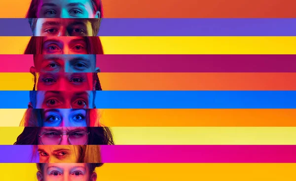 Diversity Collage Made Close Male Female Eyes Isolated Colored Neon — Stock Photo, Image