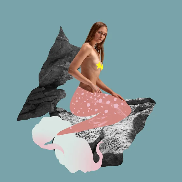 On the rocks. Contemporary art collage, modern design. Beautiful sensual woman, fairy-tail mermaid over blue background. Creativity, fashion, surrealism. Sea theme, new vision, art, inspiration