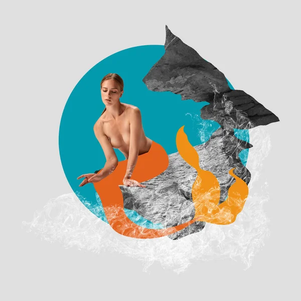 Şefkat. Çağdaş sanat kolajı, modern tasarım. Güzel, şehvetli bir kadın, peri kuyruklu bir deniz kızı, soyut bir arka planda. Yaratıcılık, moda, sürrealizm. Deniz teması, yeni vizyon, sanat