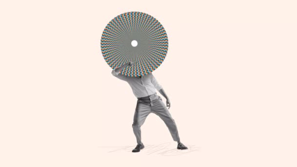 Коллаж Современного Искусства Танцующий Человек Оптическим Кругом Иллюзий Вместо Головы — стоковое видео