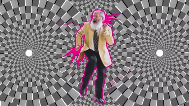 Homem Barbudo Sênior Dançando Sobre Design Ilusão Óptica Preto Branco — Vídeo de Stock