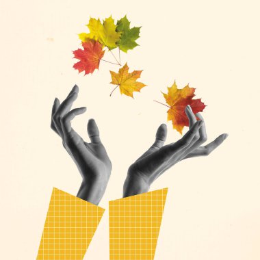 Joy, eğleniyor, sarı, yeşil ve kırmızı yaprakları topluyor. Minimalizm, çağdaş sanat kolajı. İlham, fikir, modaya uygun şehir dergisi tarzı. Sonbahar havası, güzellik ve doğa konsepti. Sanat eserleri.