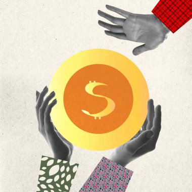 İnsan eli, dolar işareti ile büyük bir madeni para tutuyor. Çağdaş sanat kolajı. İş, finans, engelleme teknolojisi, altpara, kripto para madenciliği, dijital para piyasası, gelir, takas kavramı