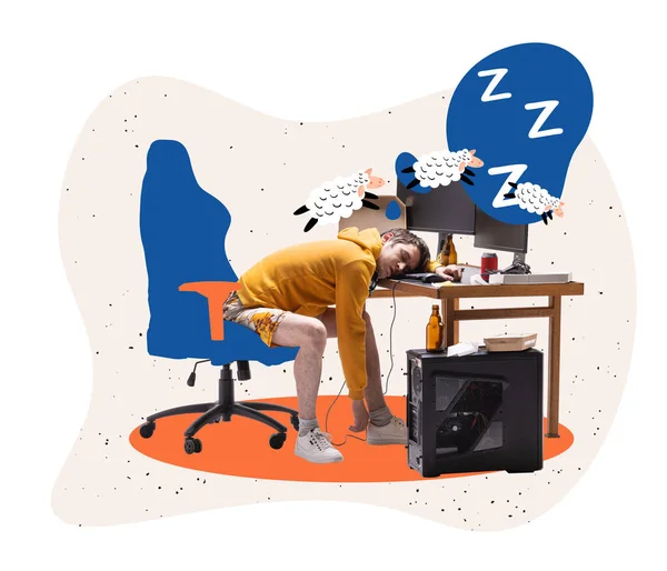 Young man sleeping at computer desk at home. Bright contemporary art collage. Colorful minimalism. Business, studying, education, youth, remote workplace concept.Copy space for text