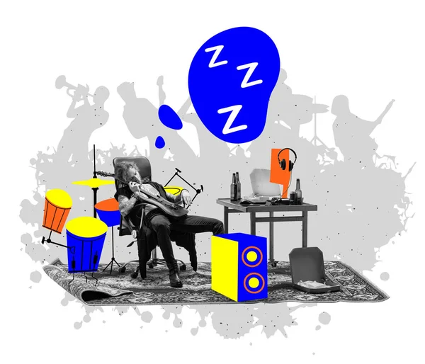 Sny Stylový Muž Rockový Hudebník Spící Doma Poslouchající Hudbu Barevný — Stock fotografie
