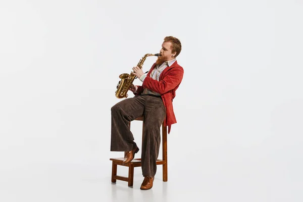 Retro Hudba Mladý Hudebník Vintage Módní Styl Outfit Hrát Saxofon — Stock fotografie