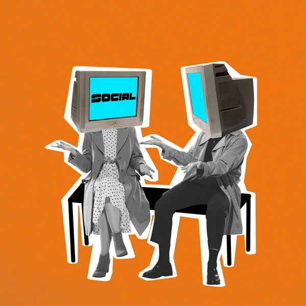 現代美術のコラージュ コンピュータモニターの頭を持つ2人が話している インターネット経由でオンラインリモート通信 ソーシャルメディア インフルエンサー ニュース コミュニケーションの概念 ポスターのコピースペース — ストック写真