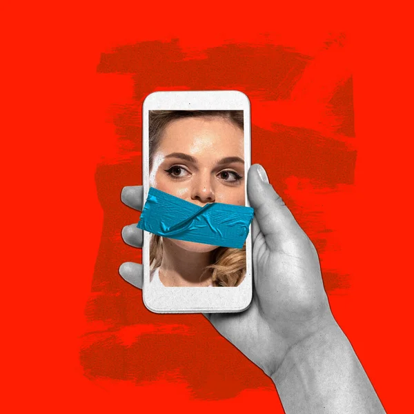 Contemporary Artwork Woman Covered Mouth Phone Screen Symbolizing Censorship Allowed — Stock Photo, Image