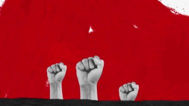 İnsan hakları için savaş. Modern sanat kolajı. Kırmızı ve beyaz renkli çağdaş minimalist sanat eserleri. Elleri, kağıt efektiyle soyut arkaplanda izole edilmiş yumrukları gösteriyor..