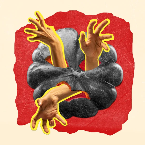 Colagem Arte Contemporânea Design Aterrador Com Mãos Humanas Aparecendo Abóbora — Fotografia de Stock