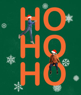 Çağdaş sanat kolajı. Tebrik kartı için yaratıcı tasarım. Fikirler, esinlenmeler, eski tarz. Tatil kavramı, kış tatili, yeni yıl, Noel, yaratıcılık, eğlence ve reklam.