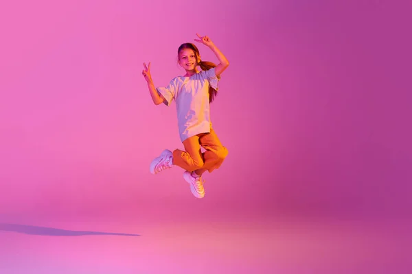 Freestyle Beautiful Active Little Girl Kid Jumping High Dancing Isolated — Stock Photo, Image