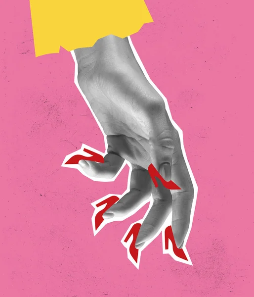 Collage Arte Contemporanea Mano Femminile Con Molte Scarpe Col Tacco — Foto Stock