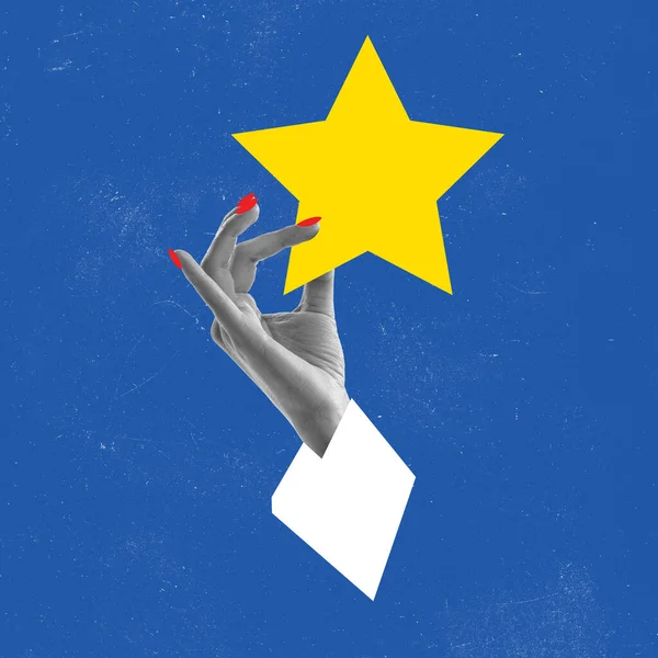 Hedendaagse Kunst Collage Vrouwelijke Hand Met Grote Gele Ster Blauwe — Stockfoto