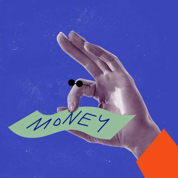 Zeitgenössische Kunst Menschliche Hand Hält Geld Über Blauem Hintergrund Finanzwachstum — Stockfoto
