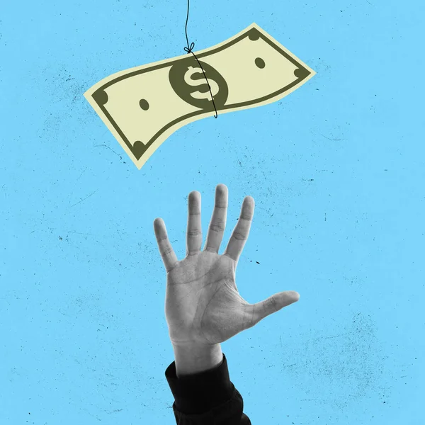 Hedendaagse Kunst Collage Menselijke Hand Reikend Naar Geld Blauwe Achtergrond — Stockfoto