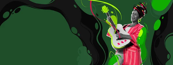 Kolaż Sztuki Współczesnej Afrykanka Motywem Grająca Gitarze Występująca Zielony Kolor — Zdjęcie stockowe