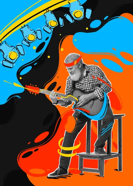Коллаж Современного Искусства Старший Играет Гитаре Выступает Абстрактный Дизайн Красочными — стоковое фото