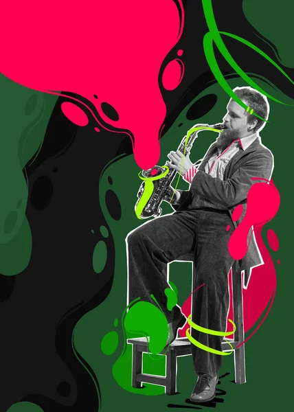 Collage Arte Contemporáneo Joven Tocando Saxofón Actuando Sobre Coloridos Salpicaduras — Foto de Stock