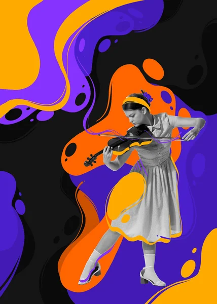 Collage Art Contemporain Jeune Femme Tendre Jouant Violon Faisant Des — Photo