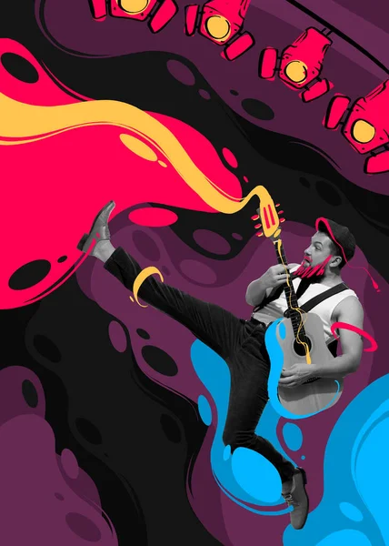 Коллаж Современного Искусства Эмотив Активный Человек Играет Гитаре Выступает Разноцветные — стоковое фото