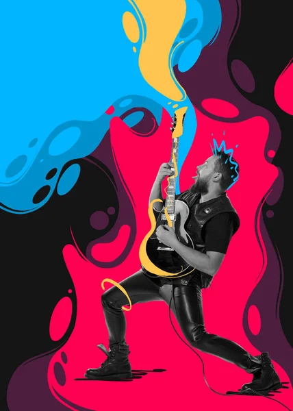Obra Arte Contemporânea Jovem Homem Emotivo Músico Rock Tocando Guitarra — Fotografia de Stock