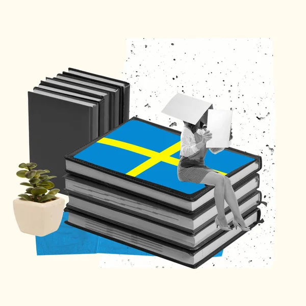 Swedish language courses. Student sitting on books and learning foreign language. Distance education, remote school, university. Concept of education, studying, global communication