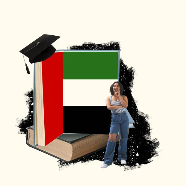 Arabic language courses. Young girl, student standing near to books and learning foreign language. Distance education, remote school, university. Concept of education, studying, global communication