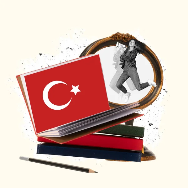 Happy motivated student learning Turkish language for travel. Conceptual creative art collage. Concept of learning foreign language. Distance education, remote school, studying. Global communication