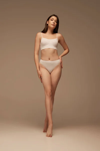 Full Length Portrait Young Slim Woman Posing White Underwear Isolated — Stock Photo, Image