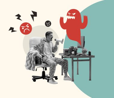 Çağdaş sanat kolajı. İnternet nefreti yüzünden öfkeyle bağıran bir adamın kavramsal görüntüsü. Sosyal sorunlar, psikoloji, zorbalık, siber zorbalık, depresyon, istismar kavramı. Poster, reklam