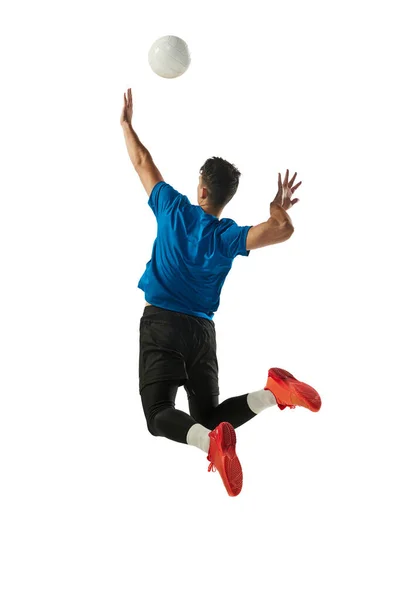 Динамический Портрет Волейболиста Мужчины Тренирующегося Мячом Белом Фоне Студии Спорт — стоковое фото