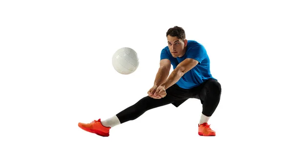 Динамический Портрет Волейболиста Мужчины Тренирующегося Мячом Белом Фоне Студии Спорт — стоковое фото