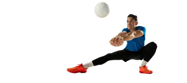 Estudio Tiro Hombre Joven Jugador Voleibol Uniforme Deportivo Jugando Voleibol —  Fotos de Stock