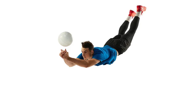 Tijdens Vlucht Spieratleet Mannelijke Volleybal Speler Training Met Bal Geïsoleerd — Stockfoto