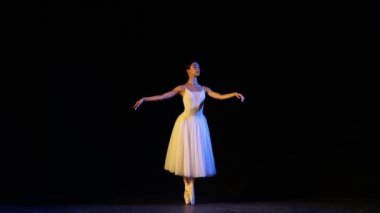 Zarif beyaz elbiseli zarif balerin bale dansında temel hareketler yapıyor. Güzellik anlayışı, şefkat, başarı, beceri. Fikirler. ilham, yaratıcılık