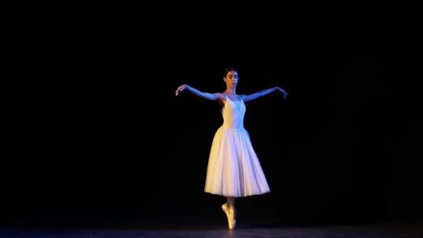 ツアーレンタル バレエダンスのベースムーブメントを練習エレガントな白いドレスで優雅なバレリーナ 美しさ 優しさ スキルの概念 アイデアだ インスピレーション創造性 — ストック動画