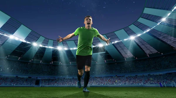 Winner emotions. Excited soccer player running at the crowded stadium with spot lights during evening football match. Concept of sport, competition, movement, overcoming. Local presence effect.