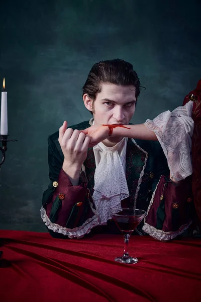 Portrait Endlessly Young Man Image Vampire Drinking Blood Females Hand — Stock Photo, Image
