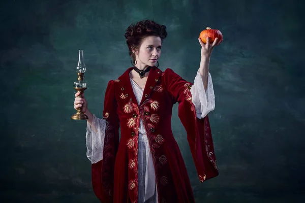Portrait Beautiful Woman Image Medieval Vampire Holding Candle Pumpkin Isolated — Stock Photo, Image