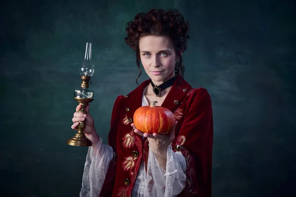 Portrait Beautiful Woman Image Vampire Holding Candle Pumpkin Isolated Dark — Stock Photo, Image