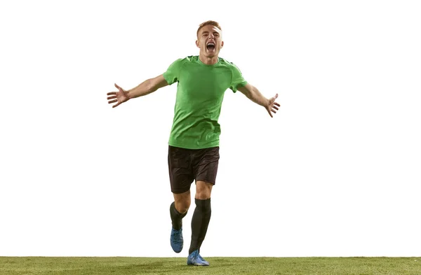 Celebrando Meta Emocionado Jugador Fútbol Gritando Expresando Emociones Ganadoras Aisladas — Foto de Stock
