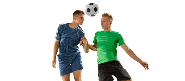 Интенсивная Борьба Мяч Два Футболиста Действии Движение Зеленому Газону Белом — стоковое фото