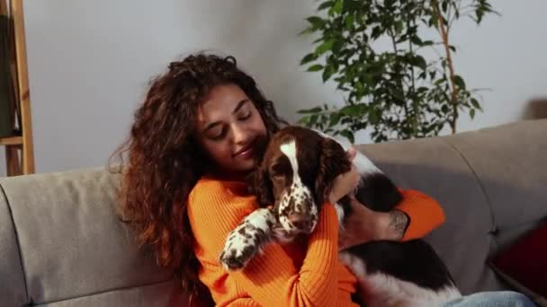 Genç Mutlu Gülümseyen Bir Kadının Çekimi Sevimli Ngiliz Spanyel Köpeğini — Stok video
