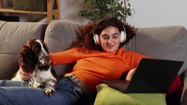 Jeune Femme Utilise Ordinateur Portable Couché Avec Chien Épagneul Springer — Video